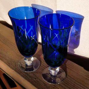 Set of 2 Cut to Clear COBALT BLUE CRYSTAL CHAMPAGNE/Wine FLUTES/Goblets